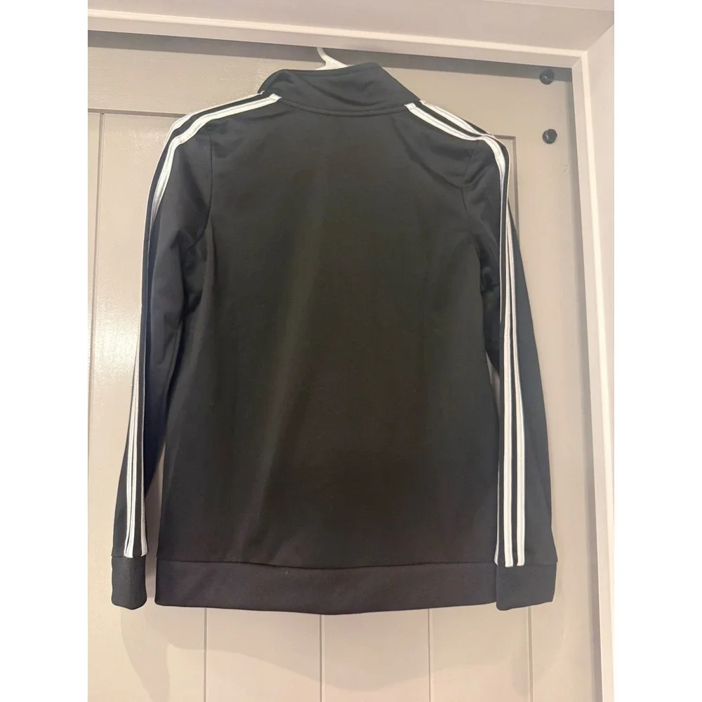 Kids Adidas Black Track Jacket White Stripes Zip Front Athleisure L 14-16 - Picture 7 of 7